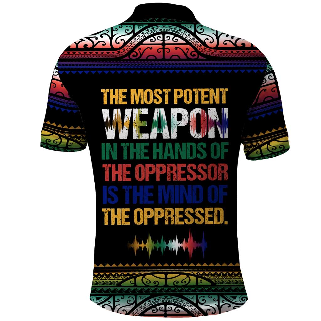 Steve Biko Polo Shirt with Microphone Portrait, Black Consciousness Quote and Vibrant Ethnic Wave - Wonder Print Shop