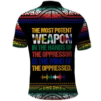 Steve Biko Polo Shirt with Microphone Portrait, Black Consciousness Quote and Vibrant Ethnic Wave - Wonder Print Shop