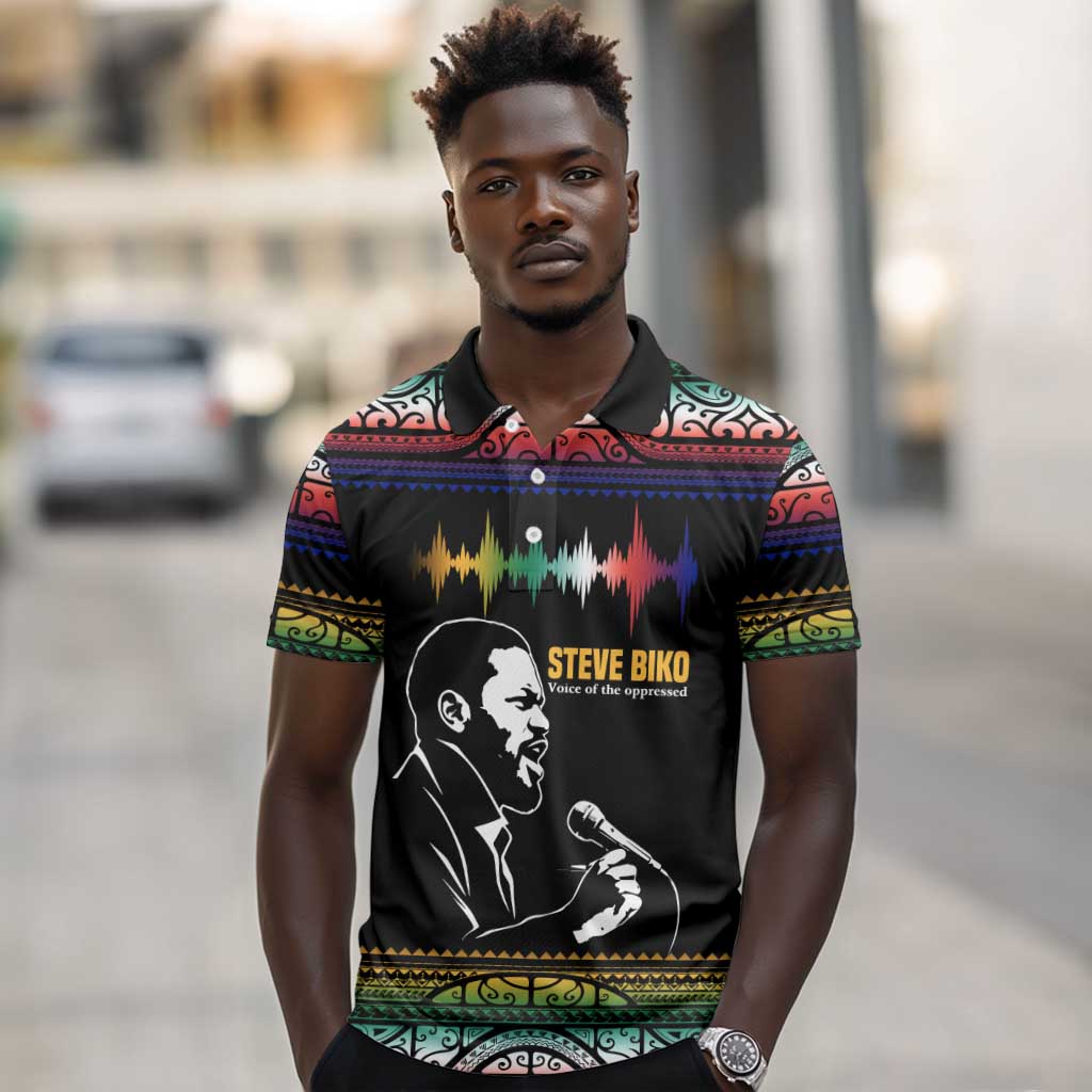 Steve Biko Polo Shirt with Microphone Portrait, Black Consciousness Quote and Vibrant Ethnic Wave - Wonder Print Shop