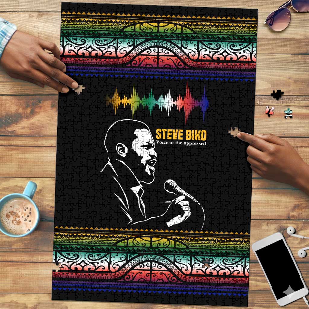 Steve Biko Puzzle with Microphone Portrait, Black Consciousness Quote and Vibrant Ethnic Wave - Wonder Print Shop