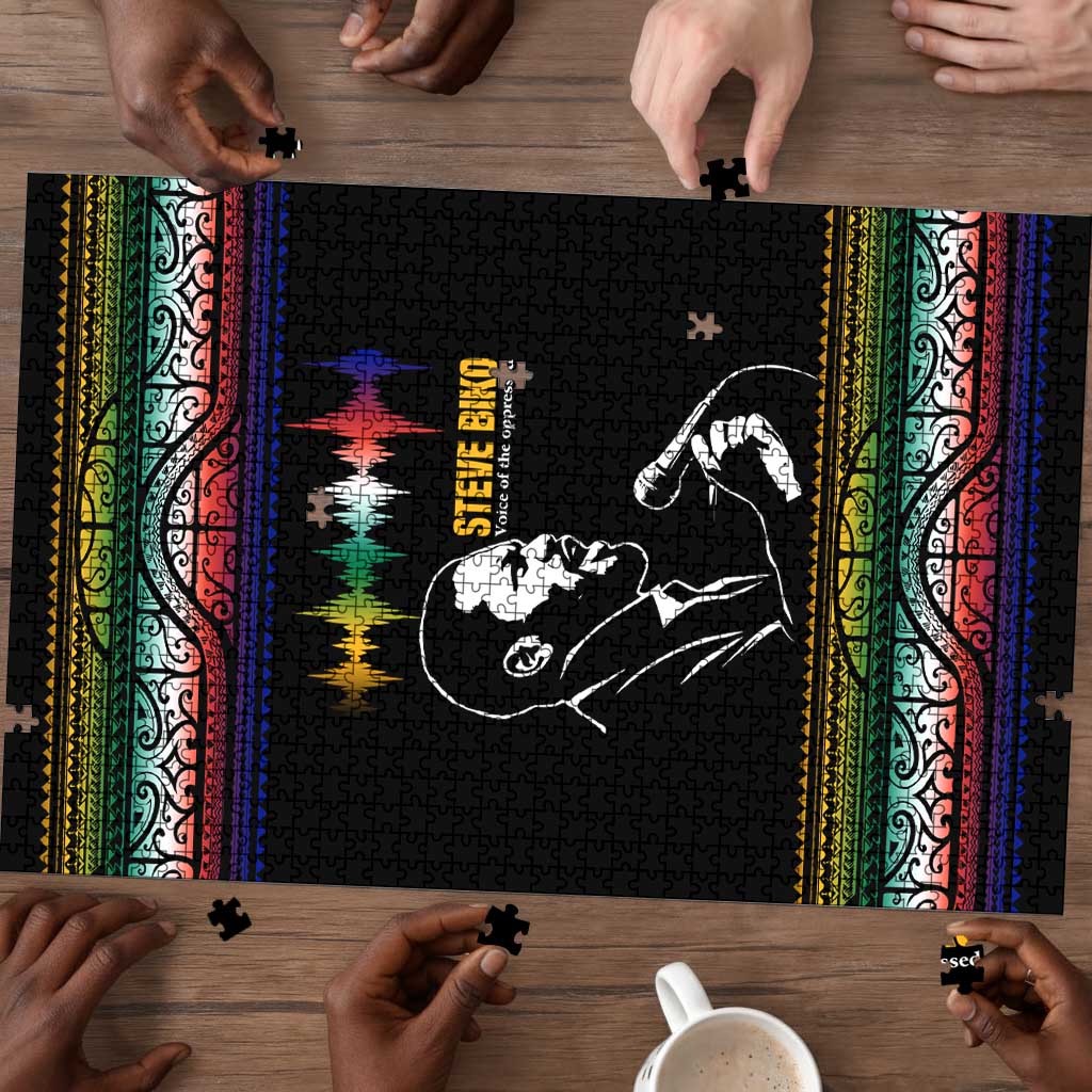 Steve Biko Puzzle with Microphone Portrait, Black Consciousness Quote and Vibrant Ethnic Wave - Wonder Print Shop