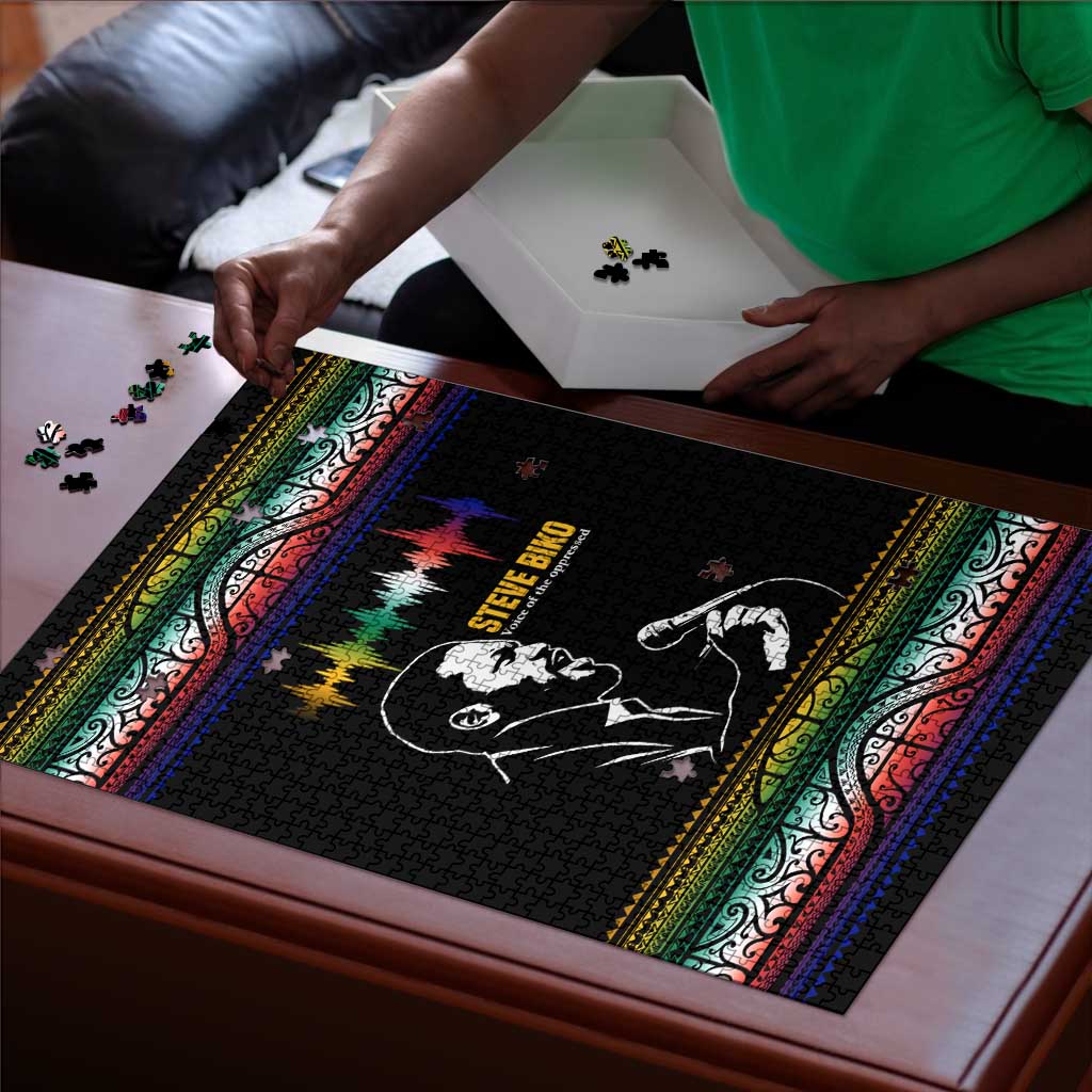 Steve Biko Puzzle with Microphone Portrait, Black Consciousness Quote and Vibrant Ethnic Wave - Wonder Print Shop