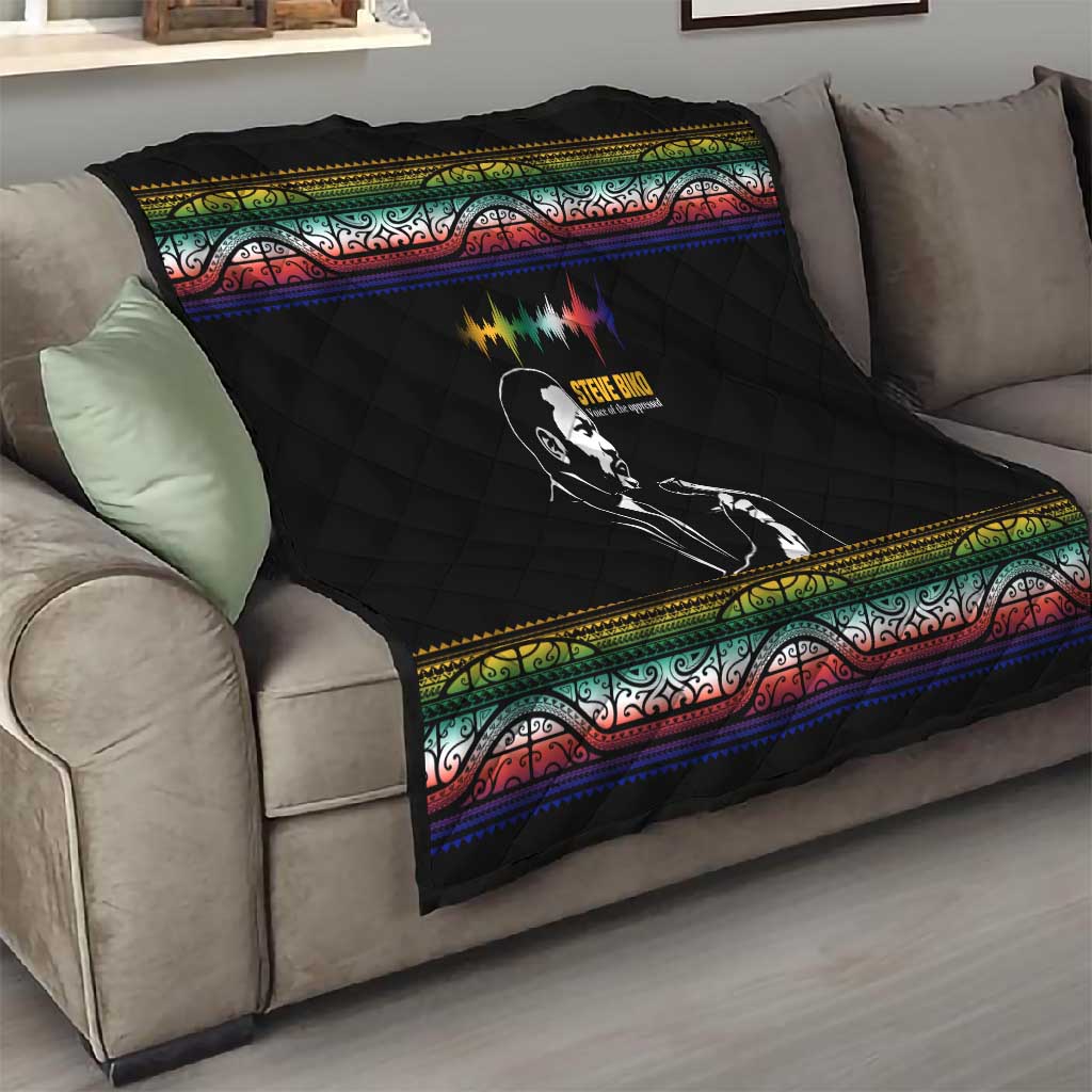 Steve Biko Quilt with Microphone Portrait, Black Consciousness Quote and Vibrant Ethnic Wave - Wonder Print Shop