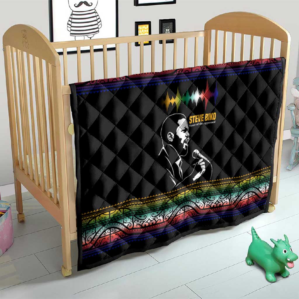 Steve Biko Quilt with Microphone Portrait, Black Consciousness Quote and Vibrant Ethnic Wave - Wonder Print Shop