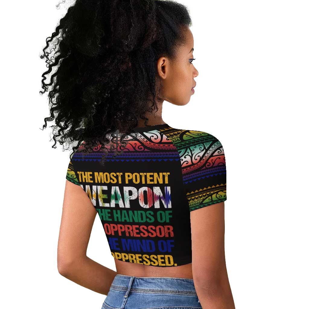 Steve Biko Raglan Cropped T shirt with Microphone Portrait, Black Consciousness Quote and Vibrant Ethnic Wave - Wonder Print Shop