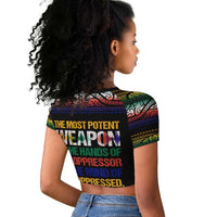 Steve Biko Raglan Cropped T shirt with Microphone Portrait, Black Consciousness Quote and Vibrant Ethnic Wave - Wonder Print Shop