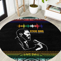 Steve Biko Round Carpet with Microphone Portrait, Black Consciousness Quote and Vibrant Ethnic Wave - Wonder Print Shop
