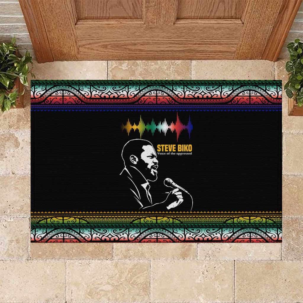 Steve Biko Rubber Doormat with Microphone Portrait, Black Consciousness Quote and Vibrant Ethnic Wave - Wonder Print Shop