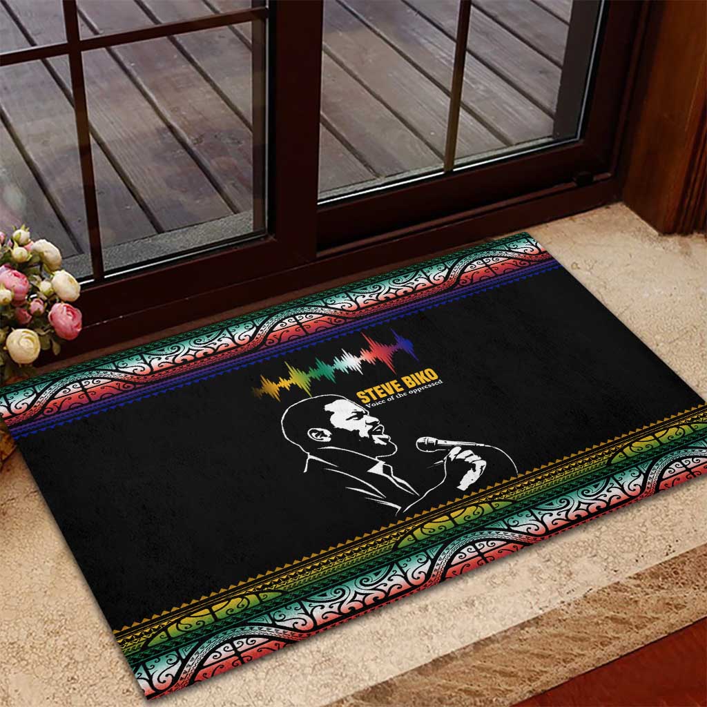 Steve Biko Rubber Doormat with Microphone Portrait, Black Consciousness Quote and Vibrant Ethnic Wave - Wonder Print Shop