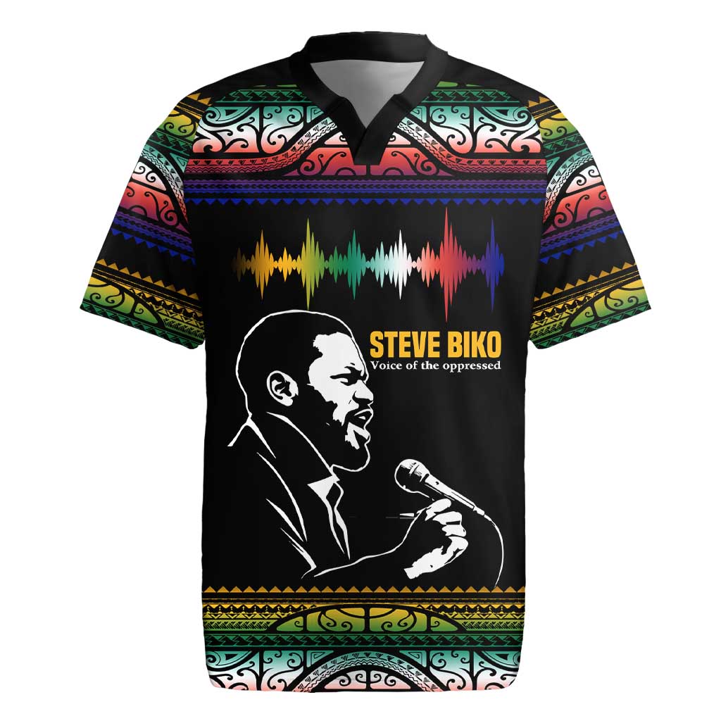 Steve Biko Rugby Jersey with Microphone Portrait, Black Consciousness Quote and Vibrant Ethnic Wave - Wonder Print Shop