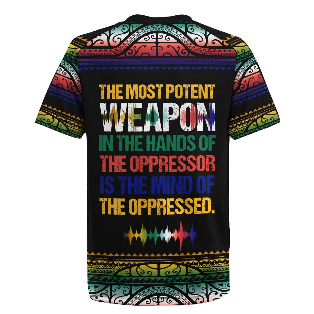 Steve Biko Rugby Jersey with Microphone Portrait, Black Consciousness Quote and Vibrant Ethnic Wave - Wonder Print Shop