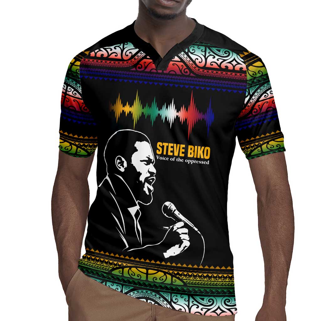 Steve Biko Rugby Jersey with Microphone Portrait, Black Consciousness Quote and Vibrant Ethnic Wave - Wonder Print Shop