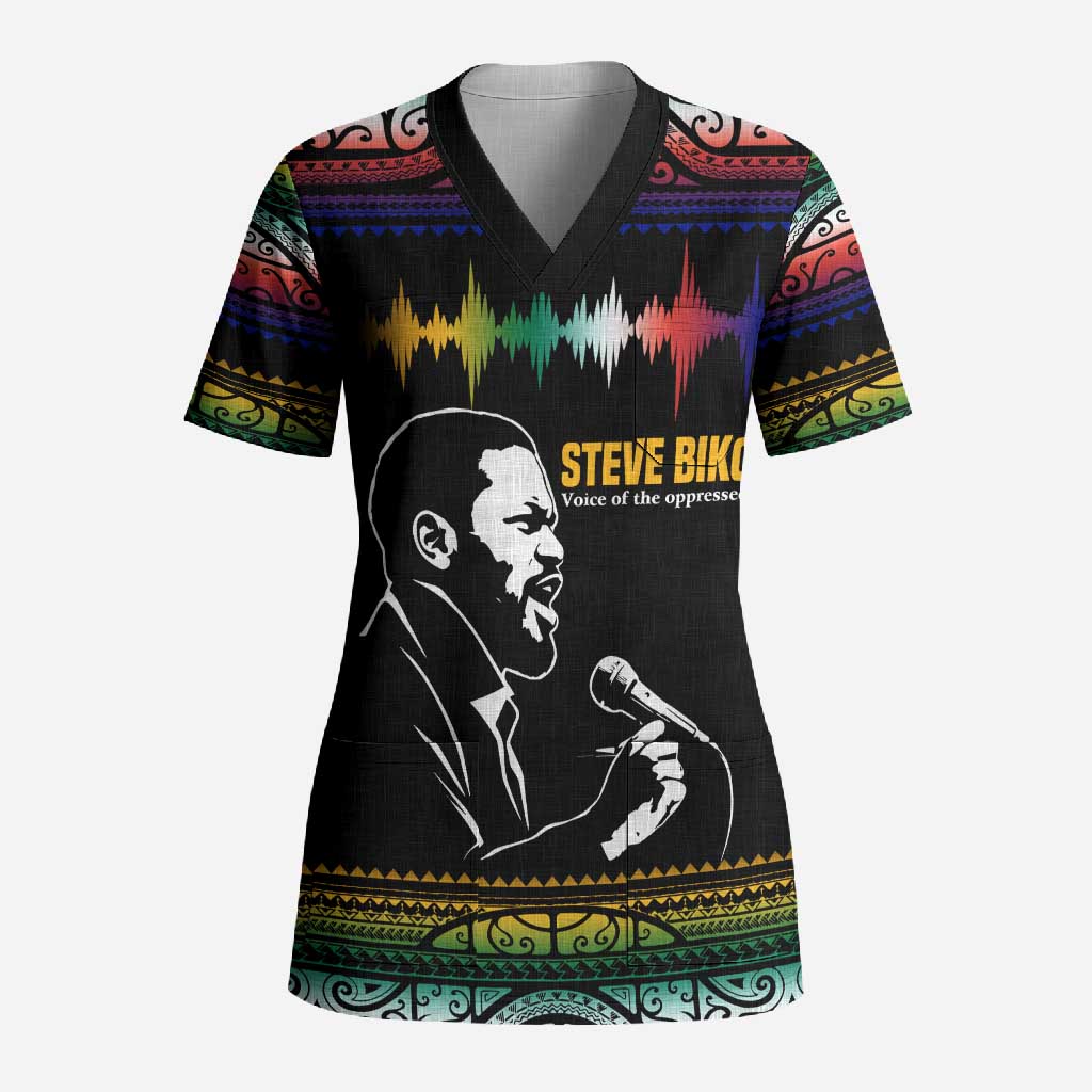 Steve Biko Scrub Top with Microphone Portrait, Black Consciousness Quote and Vibrant Ethnic Wave - Wonder Print Shop