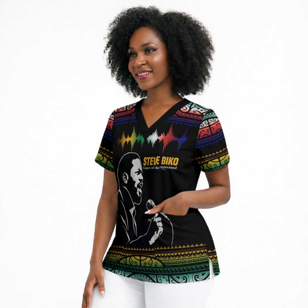 Steve Biko Scrub Top with Microphone Portrait, Black Consciousness Quote and Vibrant Ethnic Wave - Wonder Print Shop