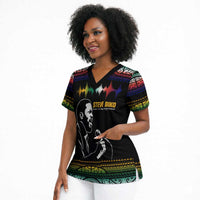 Steve Biko Scrub Top with Microphone Portrait, Black Consciousness Quote and Vibrant Ethnic Wave - Wonder Print Shop