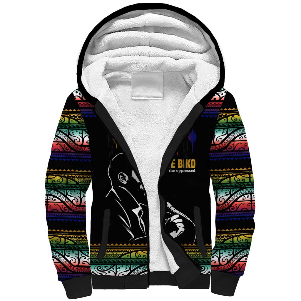 Steve Biko Sherpa Hoodie with Microphone Portrait, Black Consciousness Quote and Vibrant Ethnic Wave - Wonder Print Shop