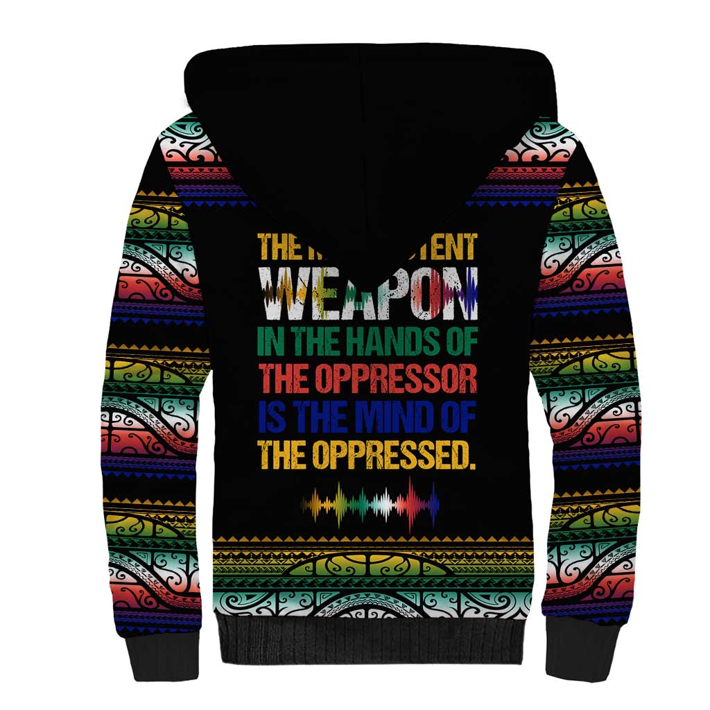Steve Biko Sherpa Hoodie with Microphone Portrait, Black Consciousness Quote and Vibrant Ethnic Wave - Wonder Print Shop