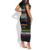 Steve Biko Short Sleeve Bodycon Dress with Microphone Portrait, Black Consciousness Quote and Vibrant Ethnic Wave - Wonder Print Shop