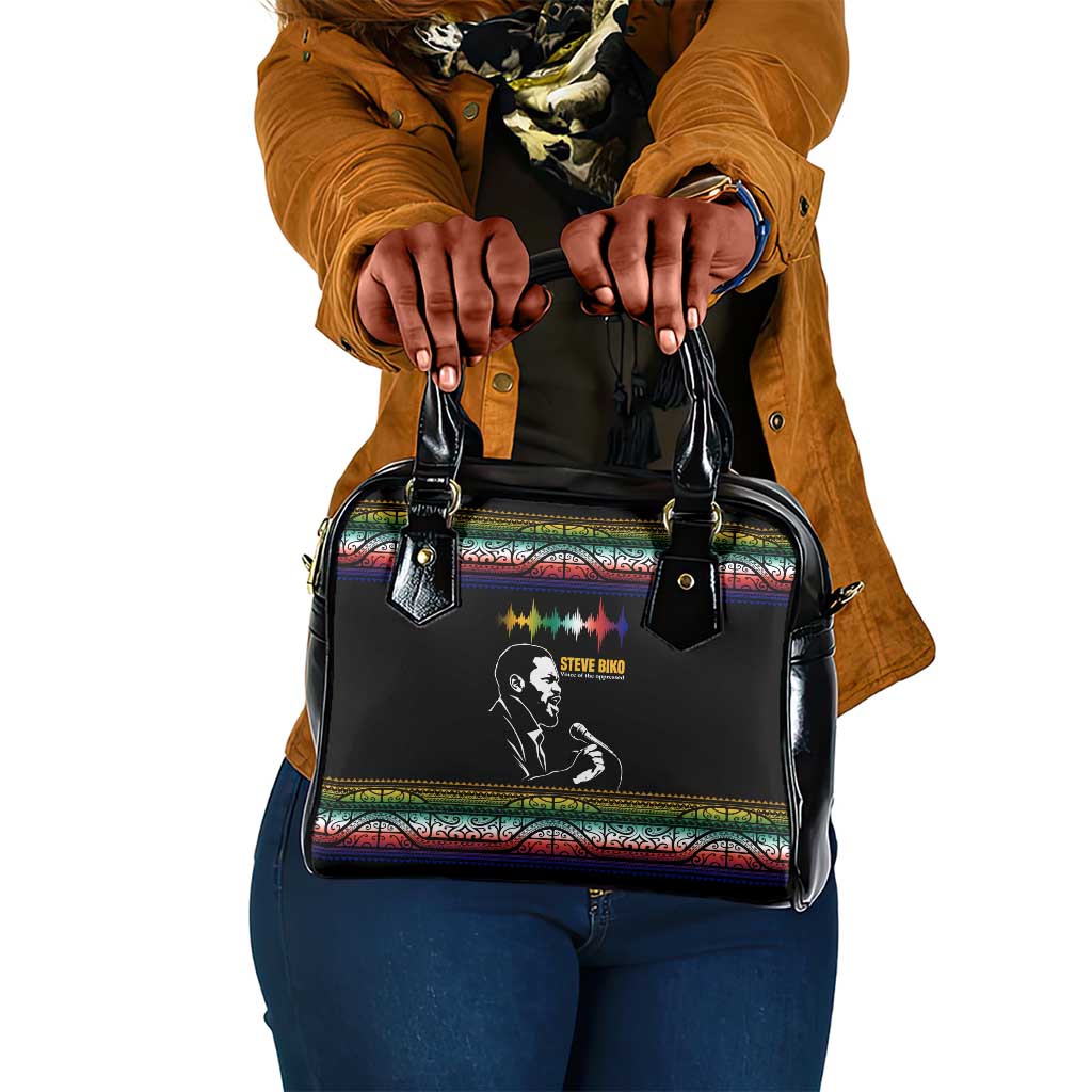 Steve Biko Shoulder Handbag with Microphone Portrait, Black Consciousness Quote and Vibrant Ethnic Wave - Wonder Print Shop
