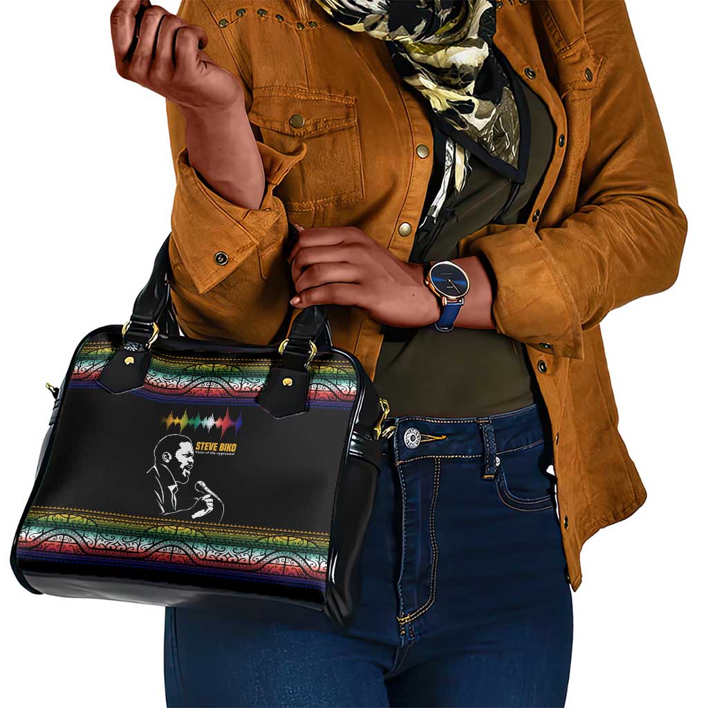 Steve Biko Shoulder Handbag with Microphone Portrait, Black Consciousness Quote and Vibrant Ethnic Wave - Wonder Print Shop