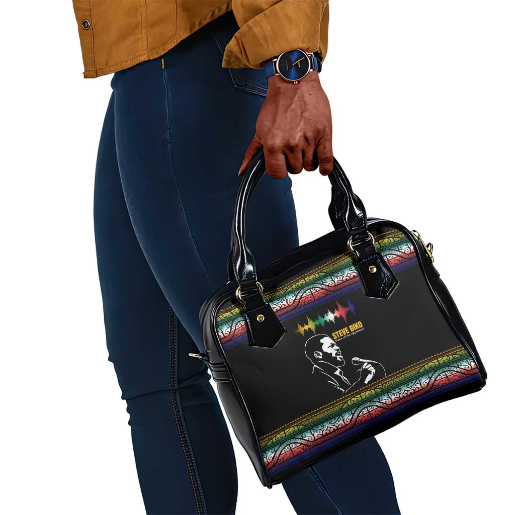 Steve Biko Shoulder Handbag with Microphone Portrait, Black Consciousness Quote and Vibrant Ethnic Wave - Wonder Print Shop