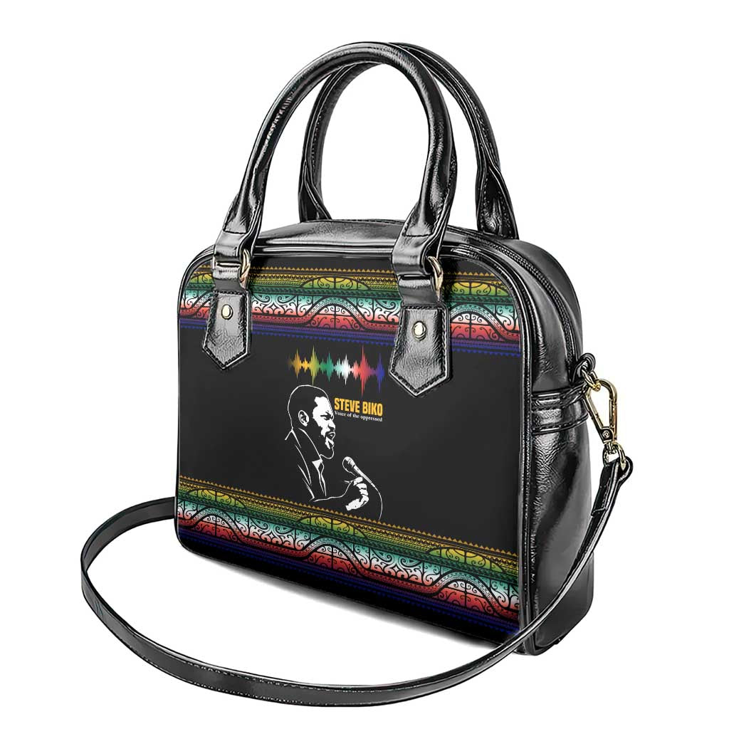 Steve Biko Shoulder Handbag with Microphone Portrait, Black Consciousness Quote and Vibrant Ethnic Wave - Wonder Print Shop
