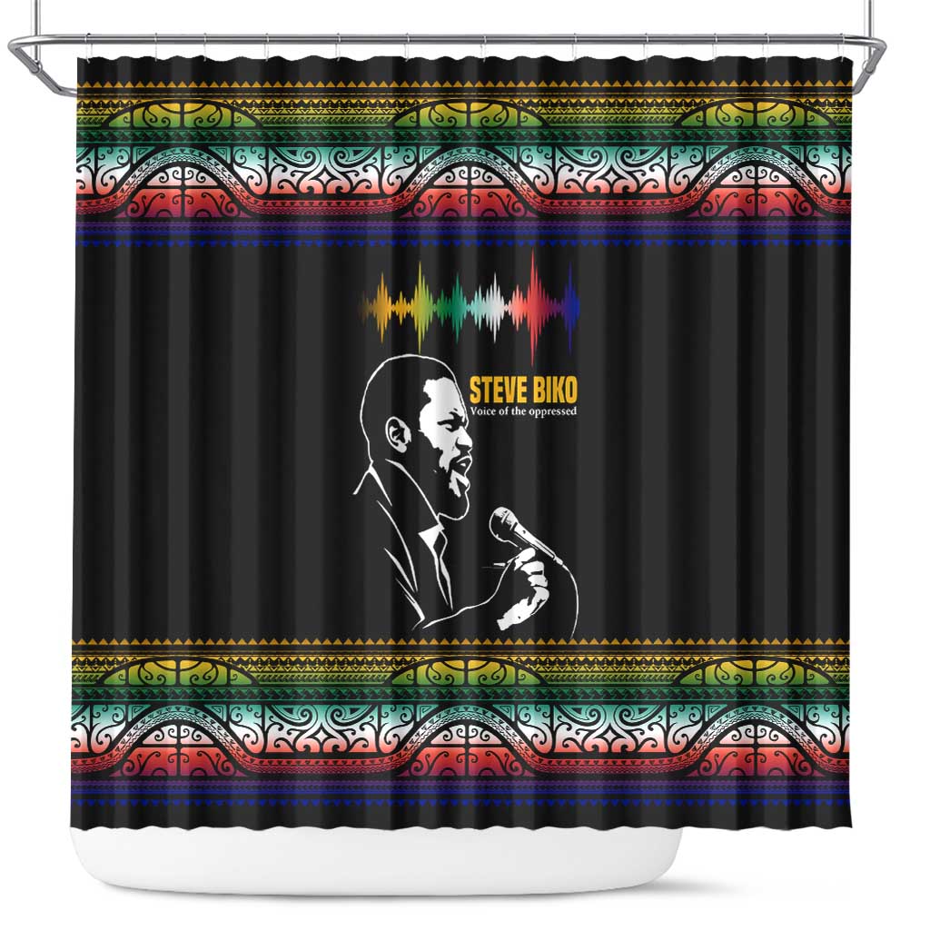 Steve Biko Shower Curtain with Microphone Portrait, Black Consciousness Quote and Vibrant Ethnic Wave - Wonder Print Shop