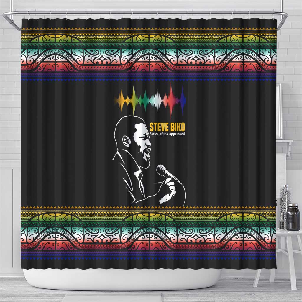 Steve Biko Shower Curtain with Microphone Portrait, Black Consciousness Quote and Vibrant Ethnic Wave - Wonder Print Shop