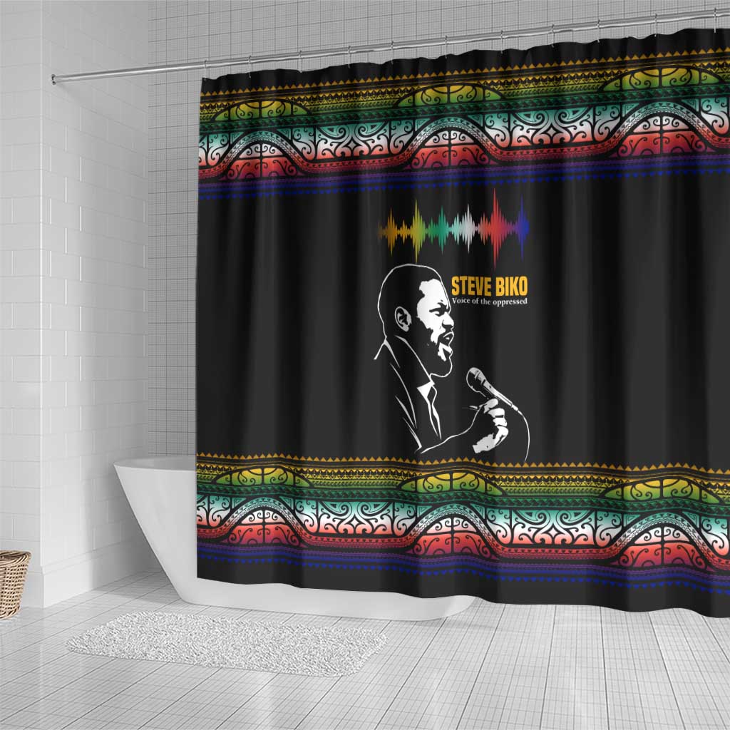 Steve Biko Shower Curtain with Microphone Portrait, Black Consciousness Quote and Vibrant Ethnic Wave - Wonder Print Shop