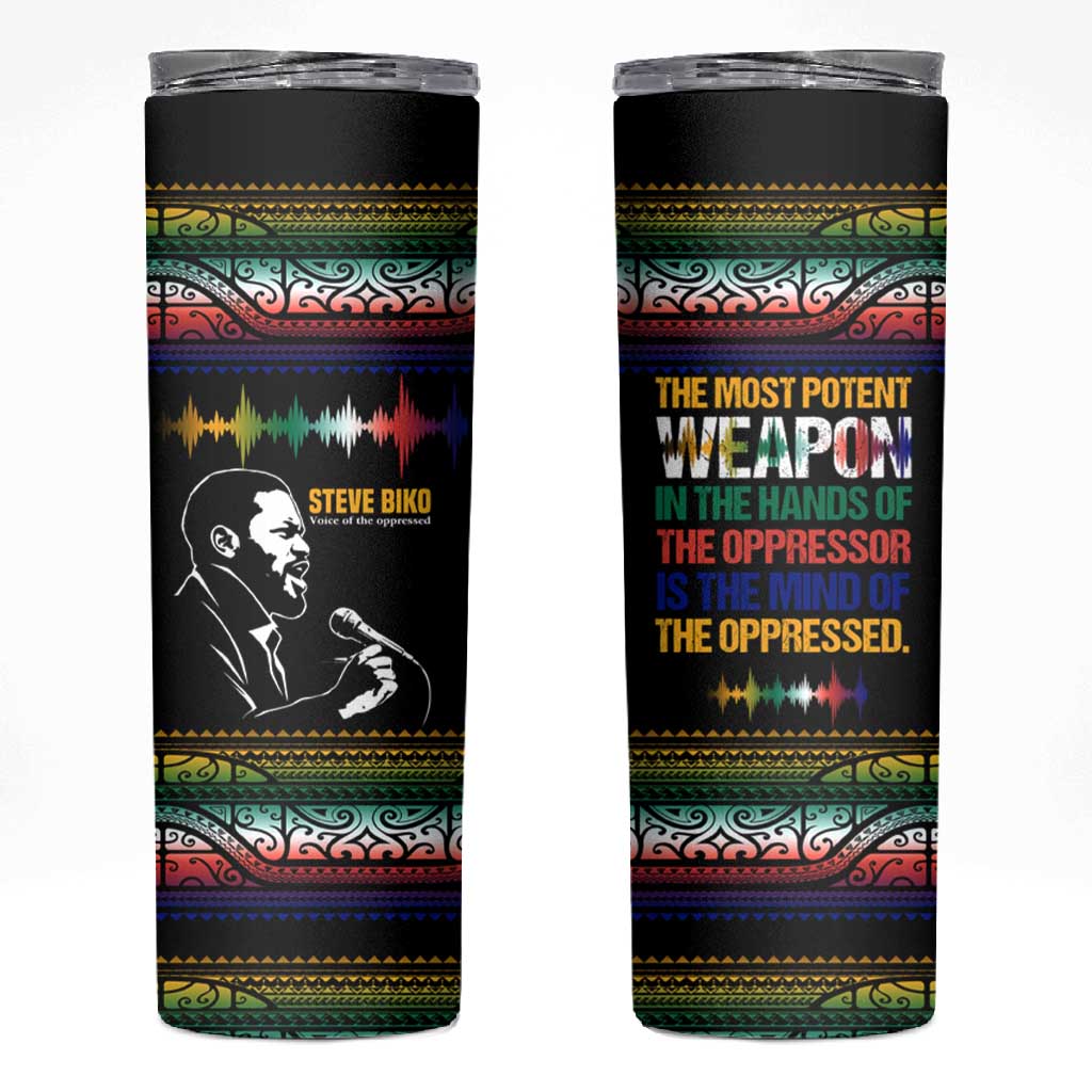 Steve Biko Skinny Tumbler with Microphone Portrait, Black Consciousness Quote and Vibrant Ethnic Wave - Wonder Print Shop