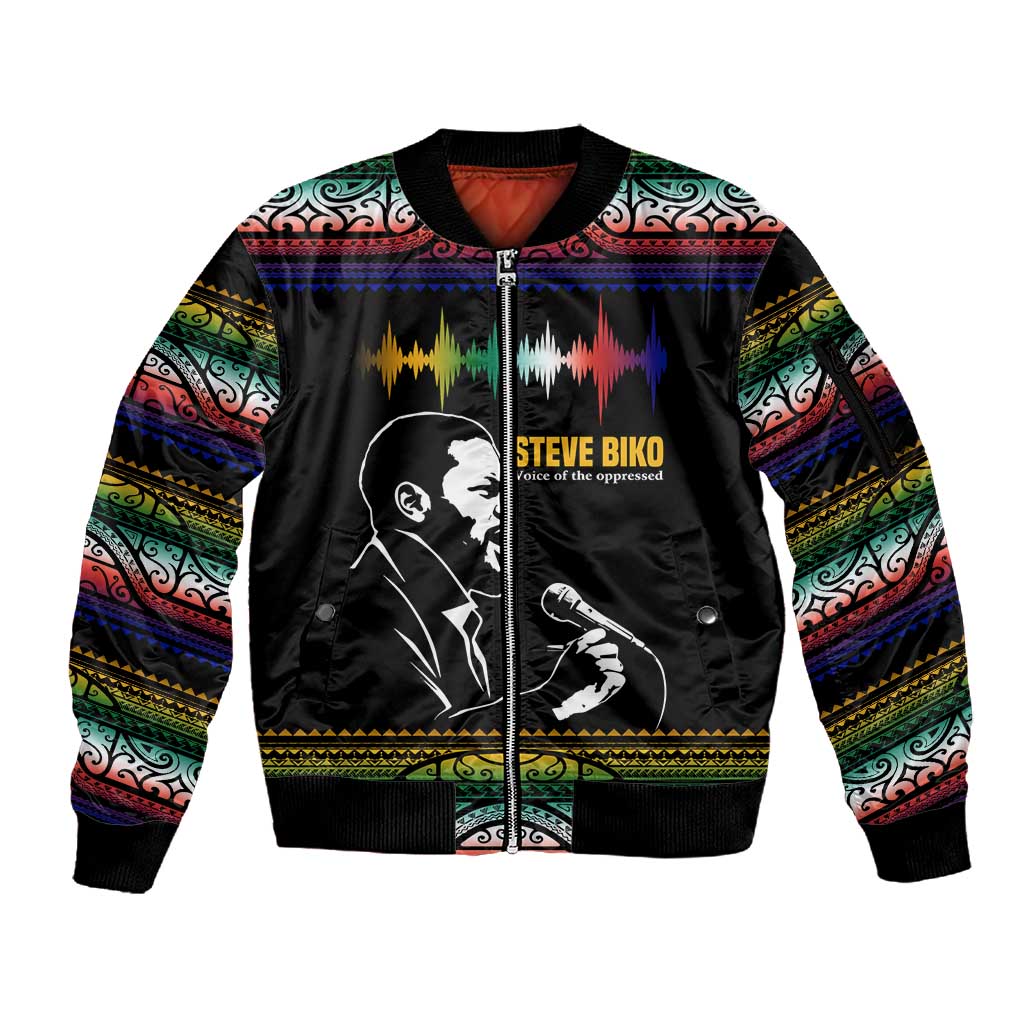 Steve Biko Sleeve Zip Bomber Jacket with Microphone Portrait, Black Consciousness Quote and Vibrant Ethnic Wave - Wonder Print Shop
