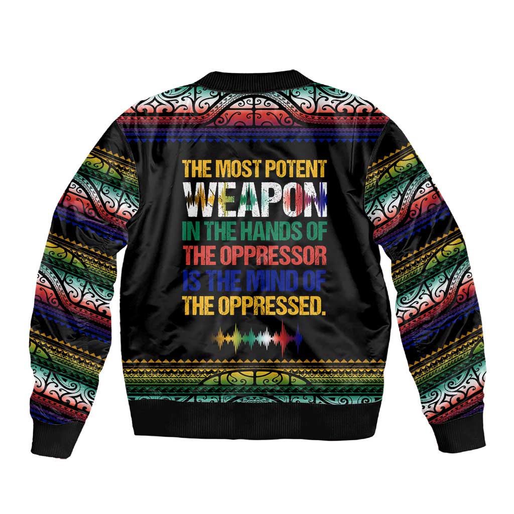 Steve Biko Sleeve Zip Bomber Jacket with Microphone Portrait, Black Consciousness Quote and Vibrant Ethnic Wave - Wonder Print Shop