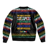 Steve Biko Sleeve Zip Bomber Jacket with Microphone Portrait, Black Consciousness Quote and Vibrant Ethnic Wave - Wonder Print Shop