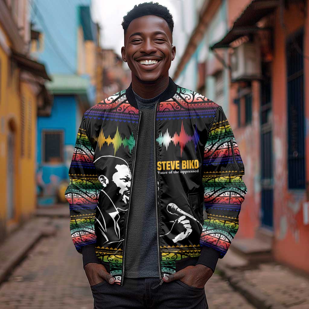 Steve Biko Sleeve Zip Bomber Jacket with Microphone Portrait, Black Consciousness Quote and Vibrant Ethnic Wave - Wonder Print Shop