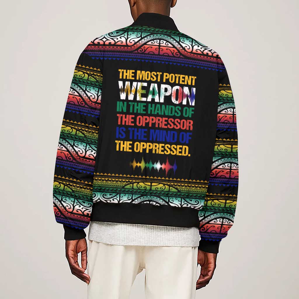 Steve Biko Sleeve Zip Bomber Jacket with Microphone Portrait, Black Consciousness Quote and Vibrant Ethnic Wave - Wonder Print Shop