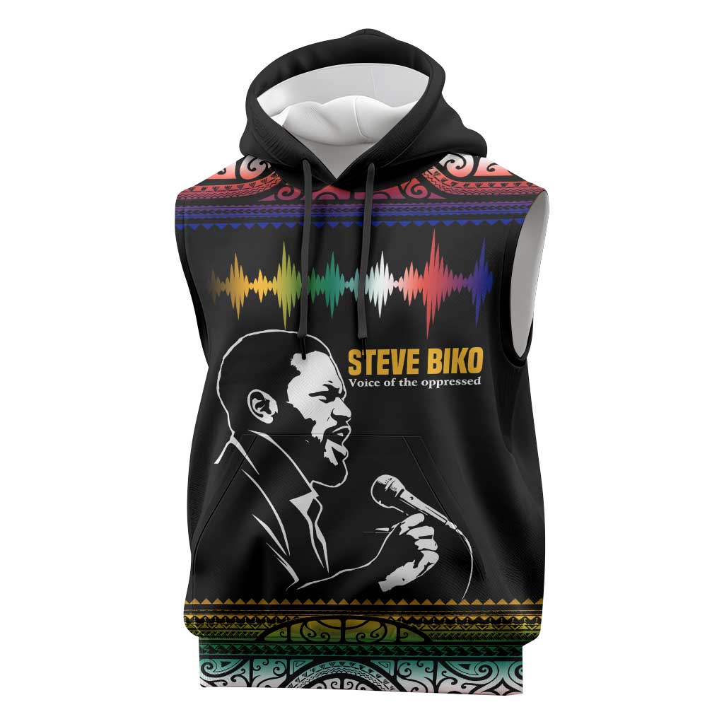 Steve Biko Sleeveless Hoodie with Microphone Portrait, Black Consciousness Quote and Vibrant Ethnic Wave - Wonder Print Shop