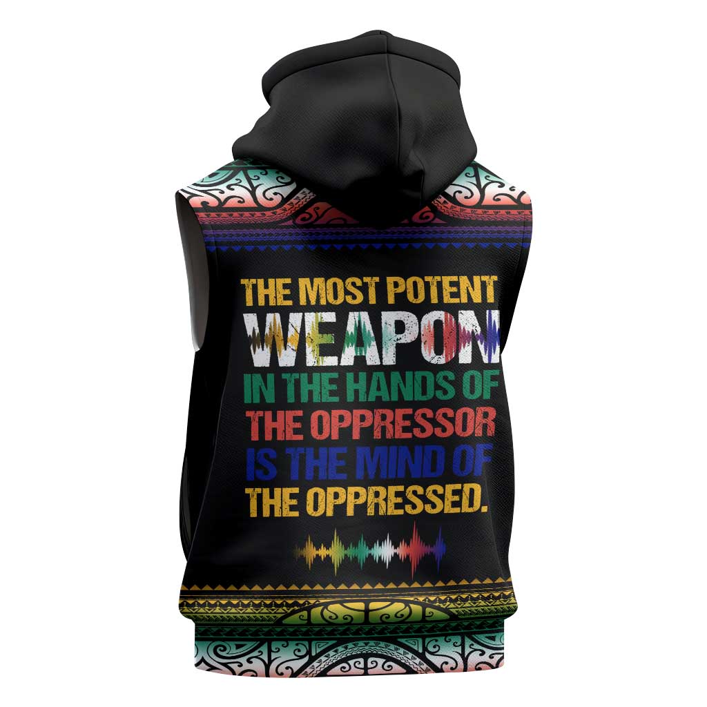 Steve Biko Sleeveless Hoodie with Microphone Portrait, Black Consciousness Quote and Vibrant Ethnic Wave - Wonder Print Shop