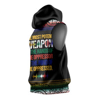 Steve Biko Sleeveless Hoodie with Microphone Portrait, Black Consciousness Quote and Vibrant Ethnic Wave - Wonder Print Shop