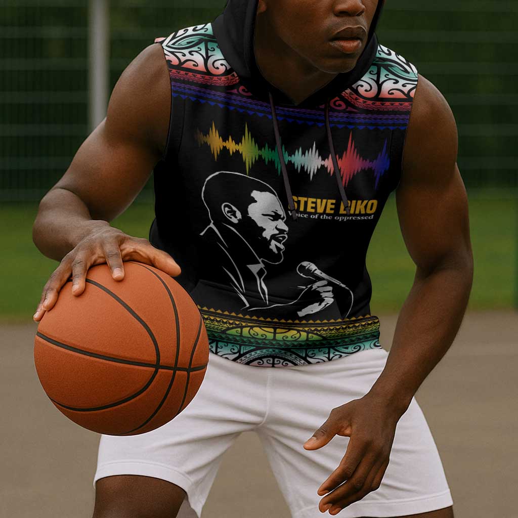 Steve Biko Sleeveless Hoodie with Microphone Portrait, Black Consciousness Quote and Vibrant Ethnic Wave - Wonder Print Shop