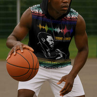 Steve Biko Sleeveless Hoodie with Microphone Portrait, Black Consciousness Quote and Vibrant Ethnic Wave - Wonder Print Shop