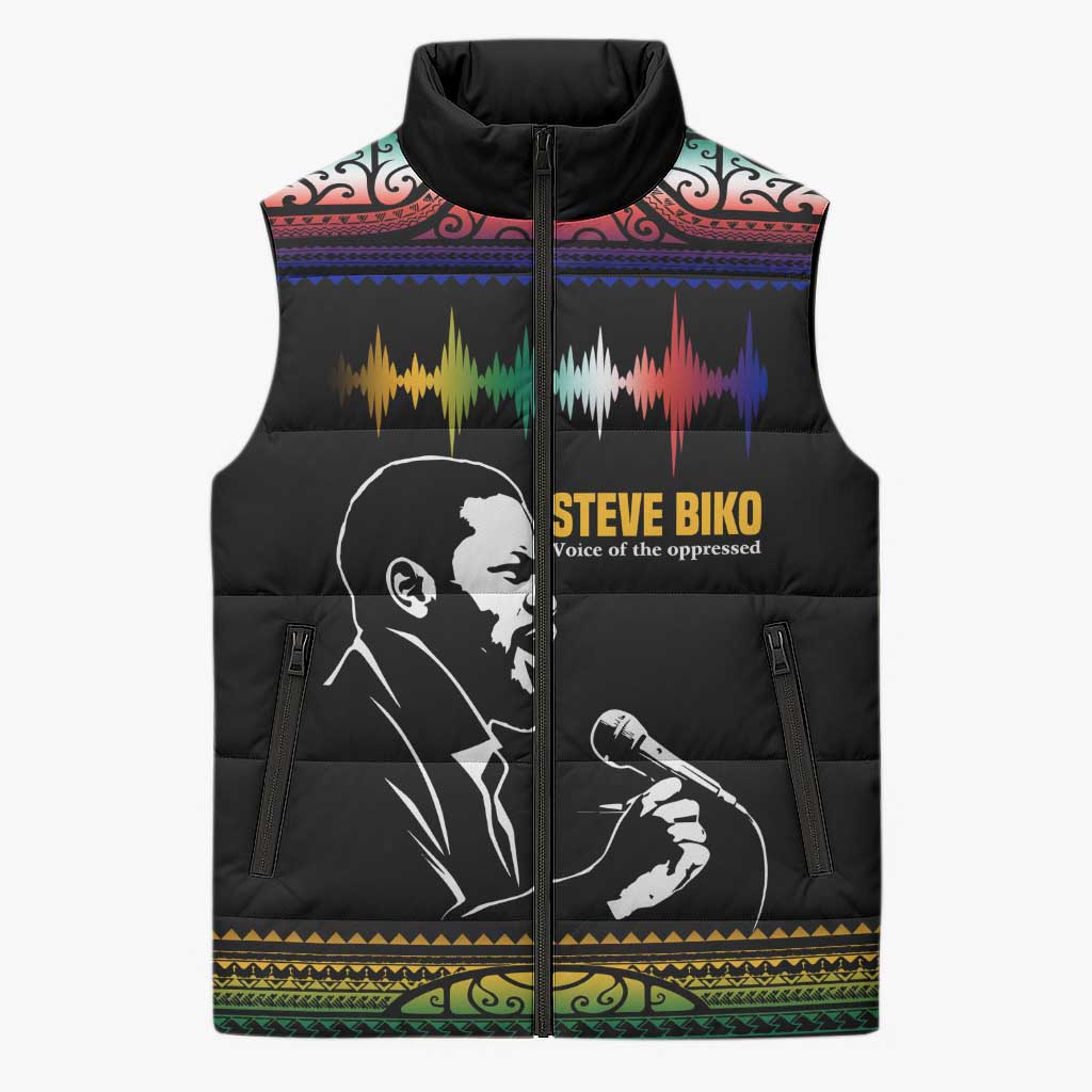 Steve Biko Sleeveless Puffer Jacket with Microphone Portrait, Black Consciousness Quote and Vibrant Ethnic Wave - Wonder Print Shop