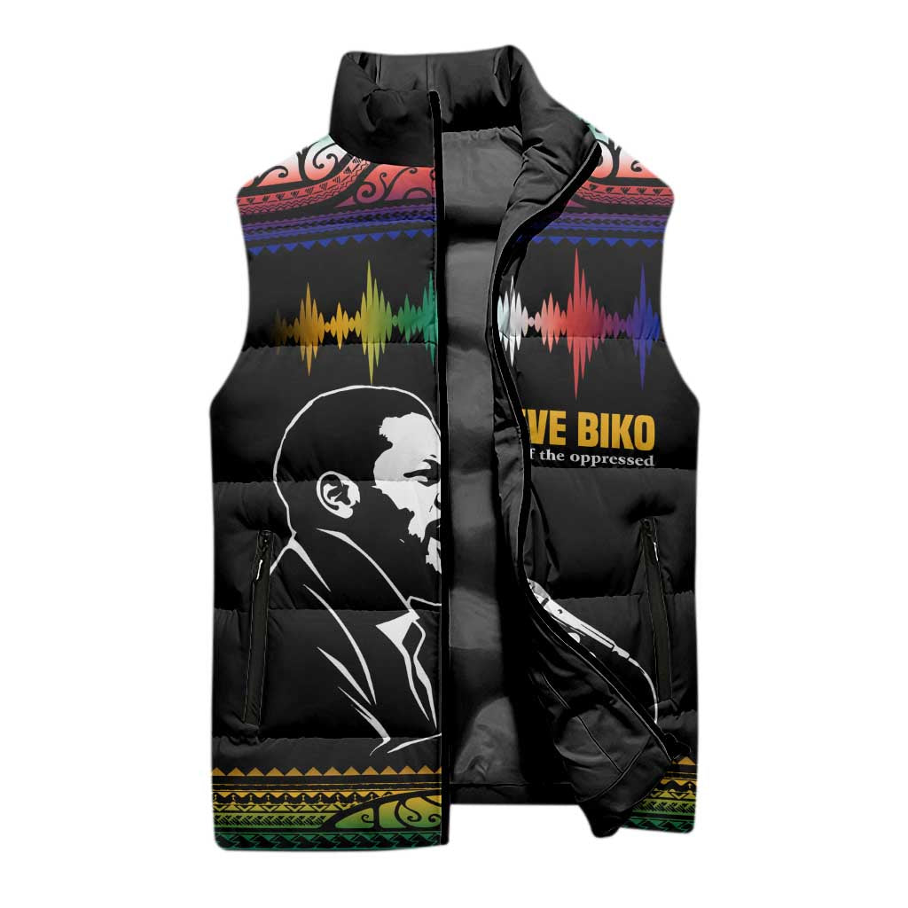 Steve Biko Sleeveless Puffer Jacket with Microphone Portrait, Black Consciousness Quote and Vibrant Ethnic Wave - Wonder Print Shop