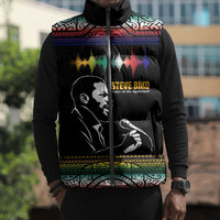Steve Biko Sleeveless Puffer Jacket with Microphone Portrait, Black Consciousness Quote and Vibrant Ethnic Wave - Wonder Print Shop