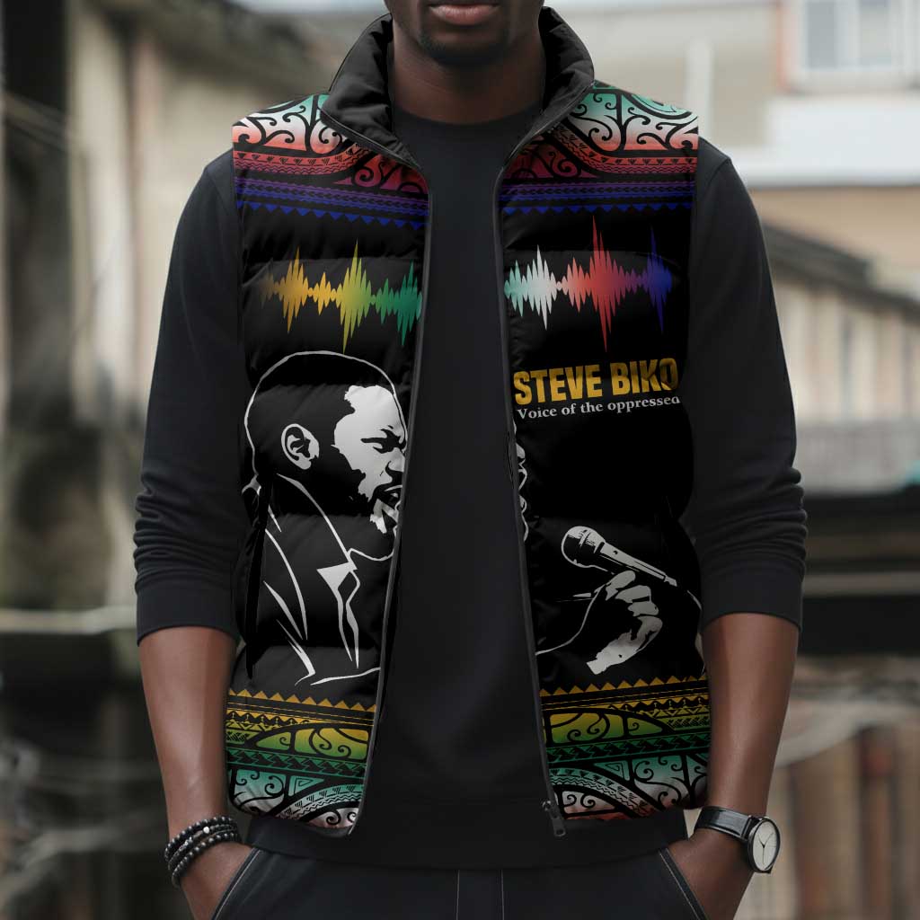 Steve Biko Sleeveless Puffer Jacket with Microphone Portrait, Black Consciousness Quote and Vibrant Ethnic Wave - Wonder Print Shop