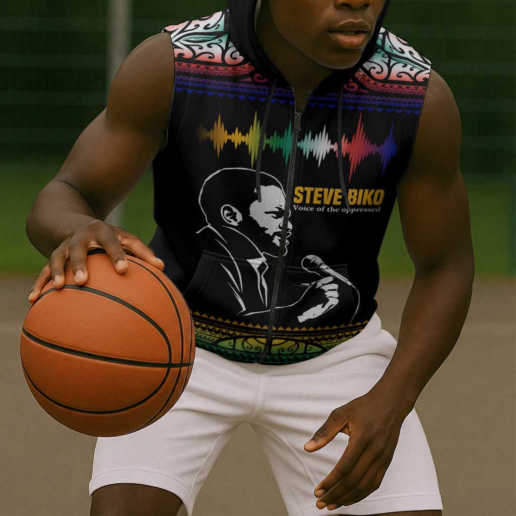 Steve Biko Sleeveless Zip Hoodie with Microphone Portrait, Black Consciousness Quote and Vibrant Ethnic Wave - Wonder Print Shop