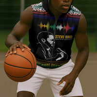 Steve Biko Sleeveless Zip Hoodie with Microphone Portrait, Black Consciousness Quote and Vibrant Ethnic Wave - Wonder Print Shop