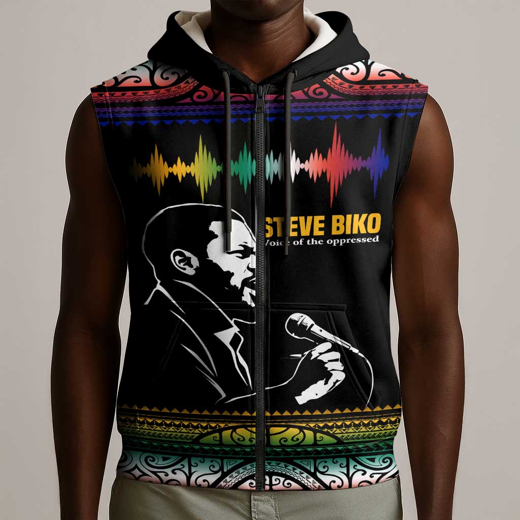 Steve Biko Sleeveless Zip Hoodie with Microphone Portrait, Black Consciousness Quote and Vibrant Ethnic Wave - Wonder Print Shop