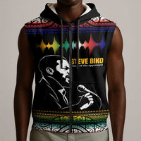 Steve Biko Sleeveless Zip Hoodie with Microphone Portrait, Black Consciousness Quote and Vibrant Ethnic Wave - Wonder Print Shop