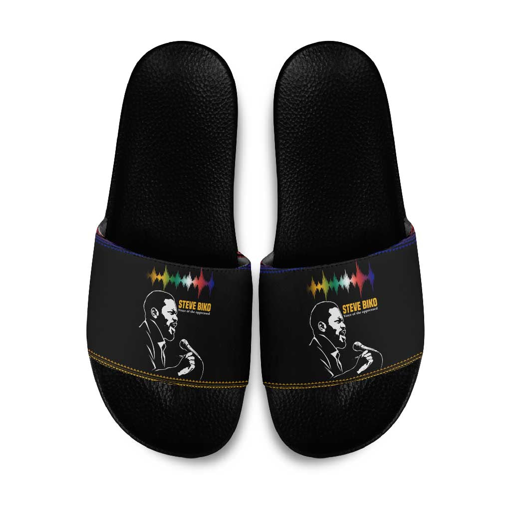 Steve Biko Slide Sandals with Microphone Portrait, Black Consciousness Quote and Vibrant Ethnic Wave - Wonder Print Shop