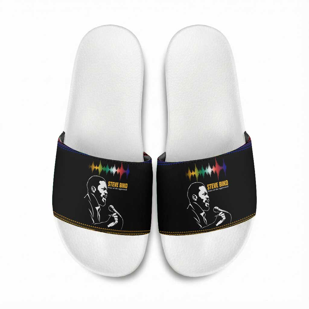 Steve Biko Slide Sandals with Microphone Portrait, Black Consciousness Quote and Vibrant Ethnic Wave - Wonder Print Shop